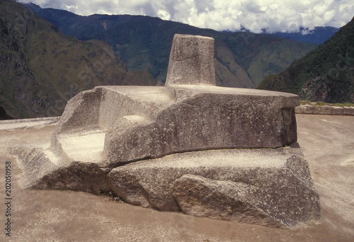 Intihuatana stone at Machu Picchu, Peru. Declared world heritage site.