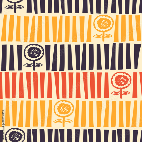 Mid-Century Modern illustrated floral pattern. Retro vintage fifties styled seamless pattern.