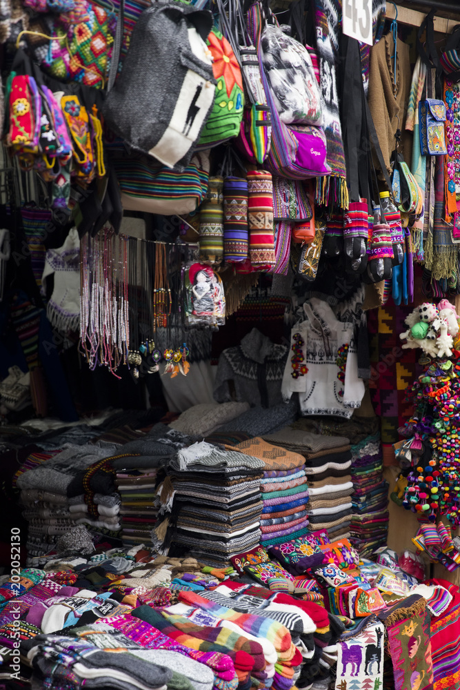 Colorful traditional peruvian fabrics on the market