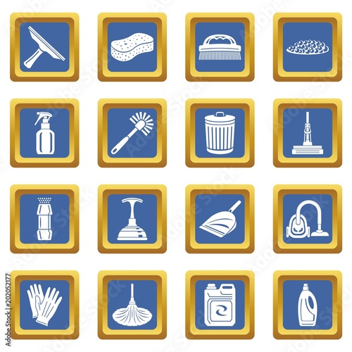 Cleaning icons set vector blue square isolated on white background 