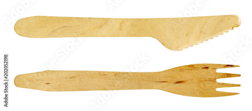 Cutlery Eco friendly disposable wooden set, Isolated on white background with work path.
