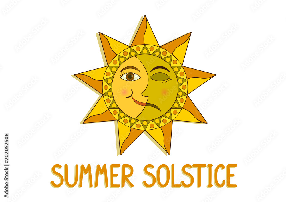 Summer solstice. Sun and moon symbol on white background. Vector