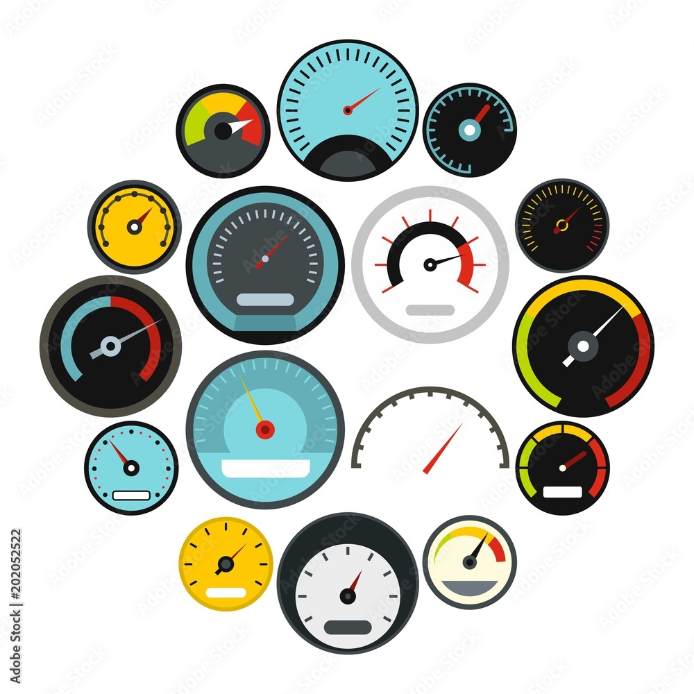 Flat speedometer icons set. Universal speedometer icons to use for web
