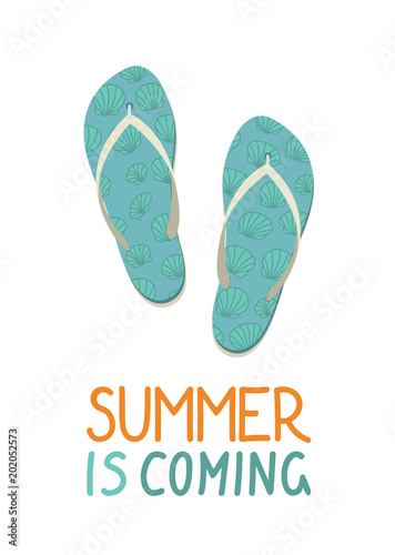 Summer is coming. Blue flip flops with shellfish on white background. Summer banner, poster, card. Vector illustration.