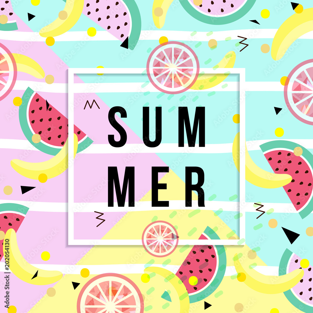 Summer banner. Punchy pastel. Trendy texture. Season vocation, weekend, holiday logo. Summer vector . Fashionable styling. Watermelon, citrus and ice cream Summer banner. Punchy pastel. Trendy texture. Season vocation, weekend, holiday logo. Summer vector . Fashionable styling. Watermelon, citrus and ice cream