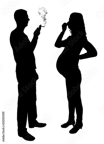 Silhouette vector of a man egoist smoking near a pregnant woman