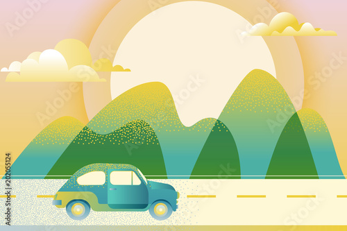 Car driving along mountain road, vector illustration. Abstract summer or spring green valley landscape. Automobile travel, trip concept. Outdoor tourism and travel.
