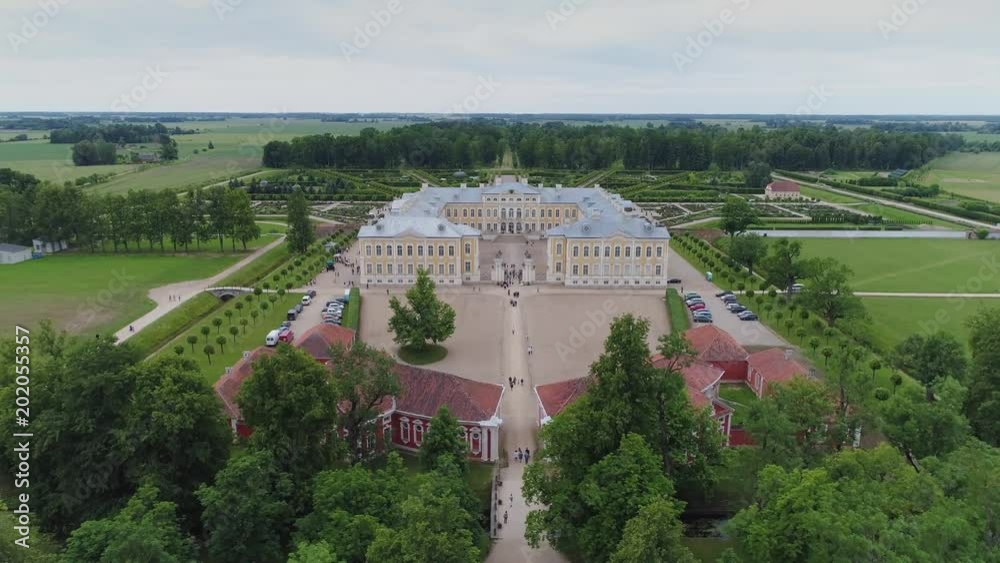 Castle park Rundale in Latvia drone flight above trees, summer time Castle park Rundale in Latvia drone flight above trees, summer time