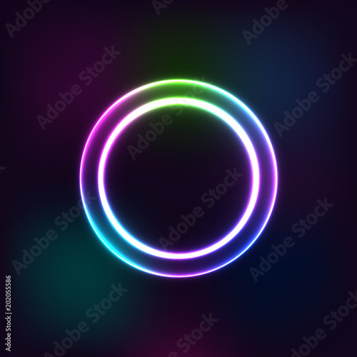 Neon circle. Round frame with glowing and light. Electric bright 3d circuit banner design on dark blue backdrop. Neon abstract circle background with flares and sparkles. Vintage vector illustration.