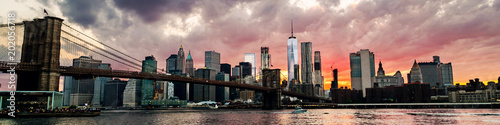 View of Manhattan bridge and Manhattan in New York, USA at sunset.