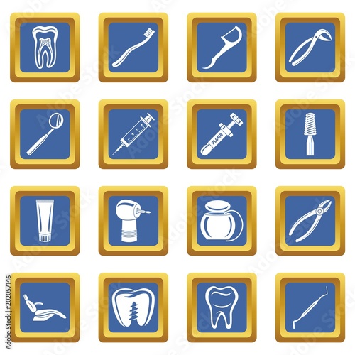 Dentist stomatologist icons set vector blue square isolated on white background 