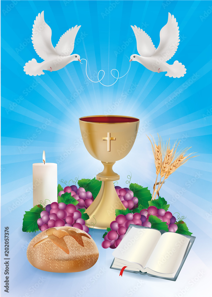 Blue background concept Christian symbols with golden chalice, bread ...