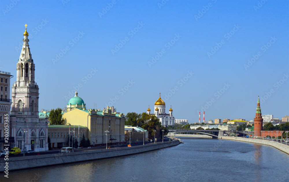 View on Cathedral of Christ the Saviour from Bolshoy Moskvoretskiy bridge, Moscow, Russia