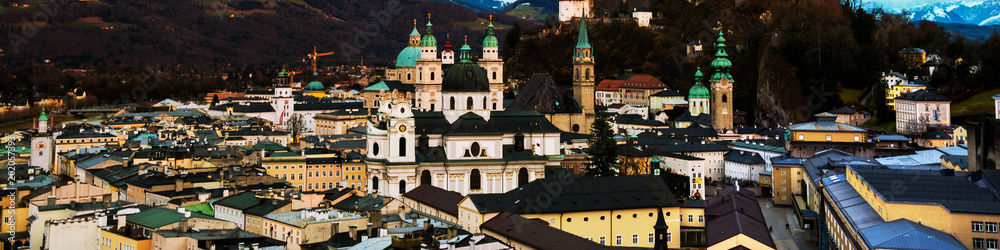 Aerial view of popular destination city in Austria - Salzburg at sunset. Cathedral