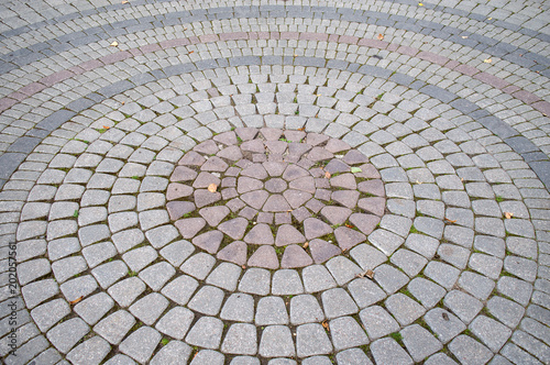 Concentric circles of pavement tile, abstract symmetric tile pattern