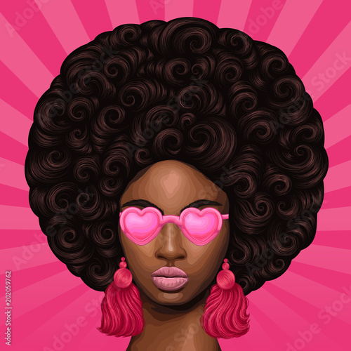Vector colored portrait of a African girl with magnificent curly afro hairstyle in retro style. Close-up face fashion model in pink heart shaped glasses with earrings tassels. Pop Art sun rays back