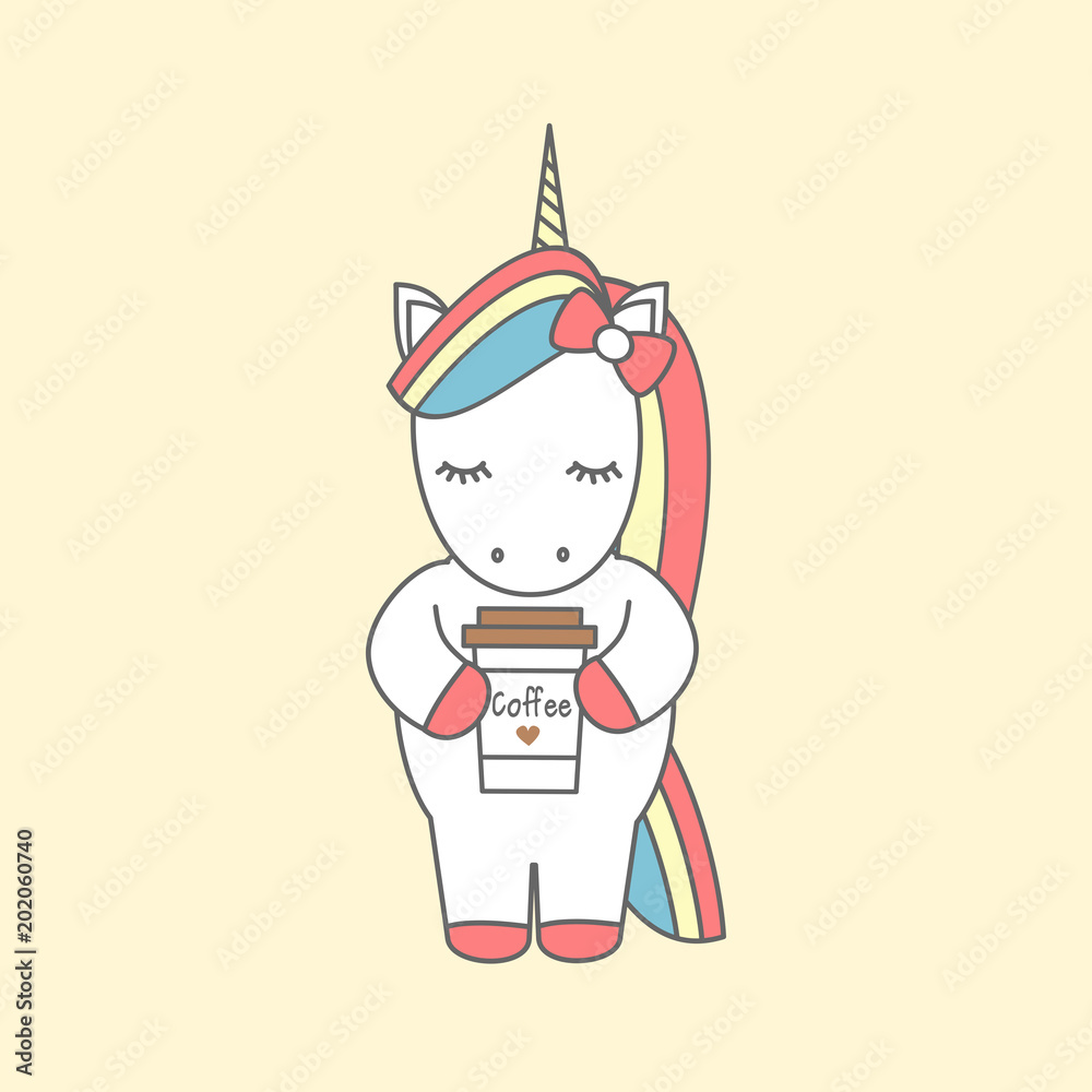 Cute Cartoon Vector Illustration With Unicorn With Coffee Cup Stock