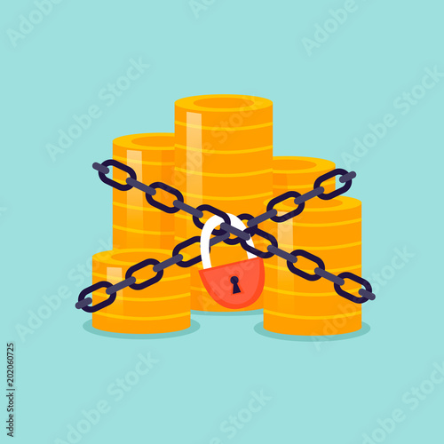 Money is wrapped in chains and locked. Flat design vector illustration.