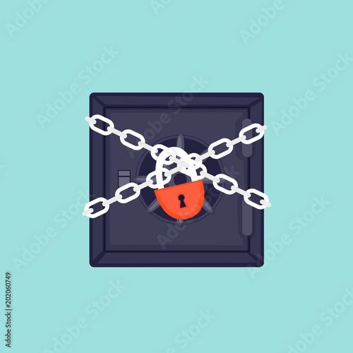 Safe, wrapped in chains and locked. Flat design vector illustration.