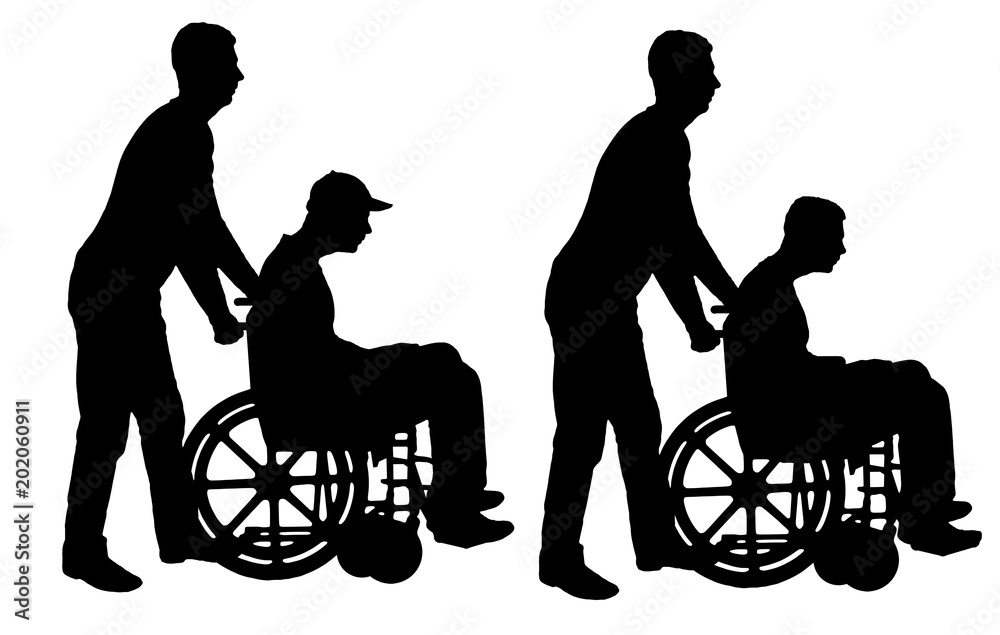 Silhouette vector disabled man in a wheelchair and a nurse