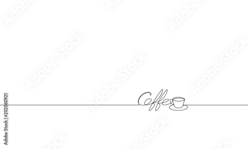 Single continuous line art coffee lettering cup silhouette. Black white hot drink espresso aroma mug concept design one sketch doodle outline drawing vector illustration
