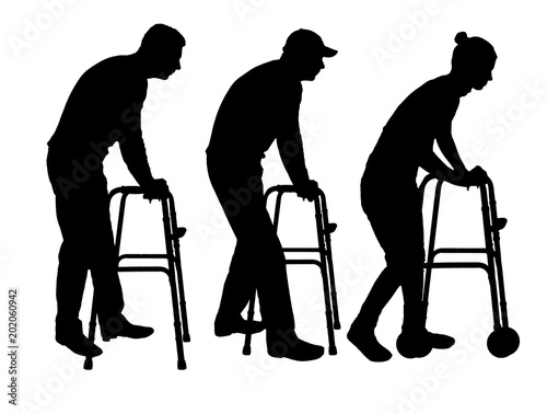 Silhouette vector of a disabled man and woman walking, using a walker