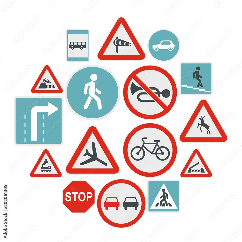 Flat road sign icons set. Universal road sign icons to use for web and mobile UI, set of basic road sign elements isolated vector illustration