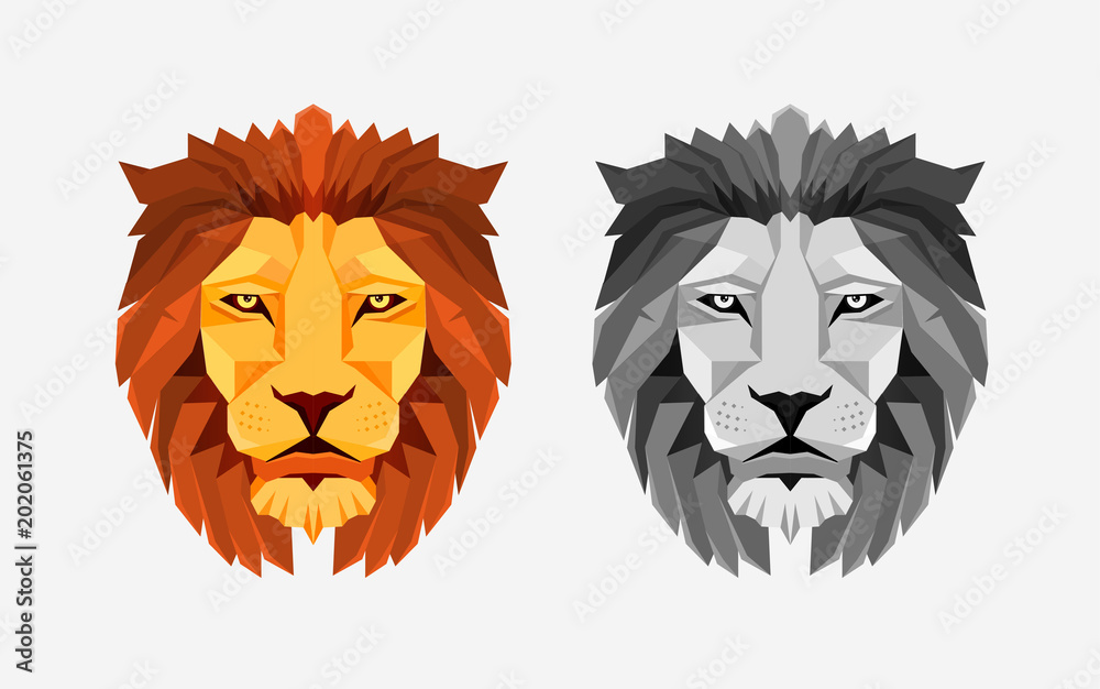 Lion head. Color and grayscale illustrations. Low poly design. Creative logo elements.