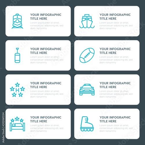 Flat transports, hotel, sports infographic timeline template for presentations, advertising, annual reports