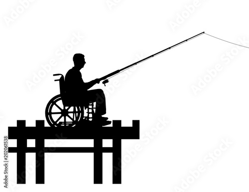 Silhouette vector of a disabled man in a wheelchair with a fishing rod in his hand fishing