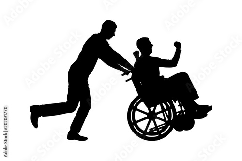 Silhouette vector cheerful man having a disabled man in a wheelchair and his friend