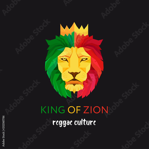 Lion head with crown. King of Zion. Symbol of the Rastafarian subculture. Flag colors of Jamaica.