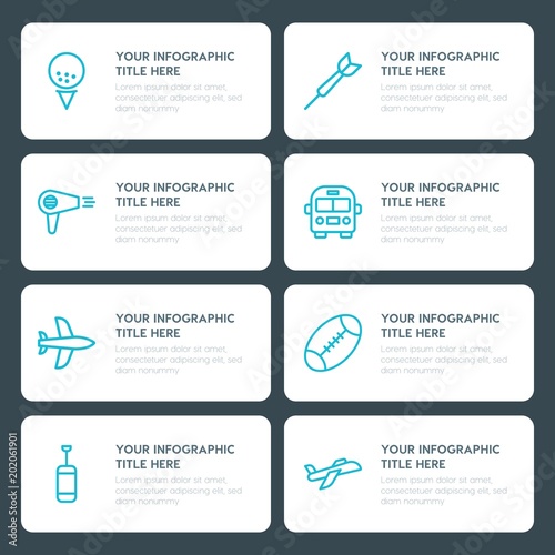 Flat transports, hotel, sports infographic timeline template for presentations, advertising, annual reports