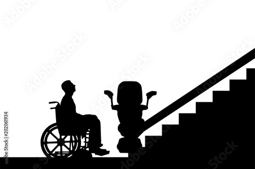 Silhouette vector Disabled in wheelchair intends to climb elevator for disabled.