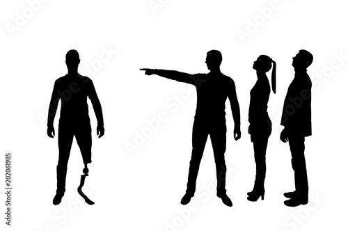 Silhouette vector. Crowd of people makes it clear to a disabled person with a leg prosthesis that he should go away
