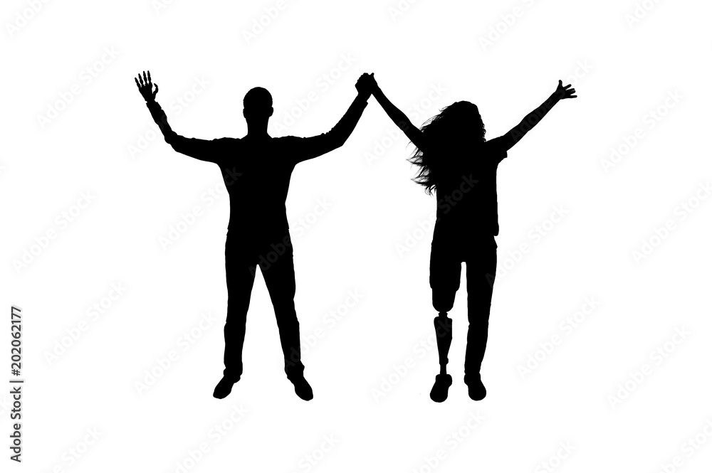 Silhouette vector Happy man and woman holding hands with artificial limbs hands and legs