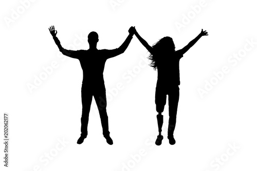 Silhouette vector Happy man and woman holding hands with artificial limbs hands and legs