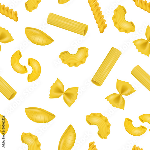Realistic Detailed 3d Dry Macaroni of Various Pasta Seamless Pattern Background. Vector