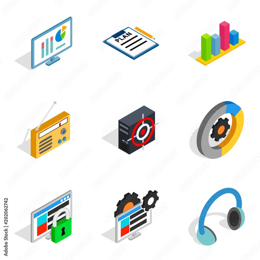 Notebook computer icons set. Isometric set of 9 notebook computer vector icons for web isolated on white background Notebook computer icons set. Isometric set of 9 notebook computer vector icons for web isolated on white background