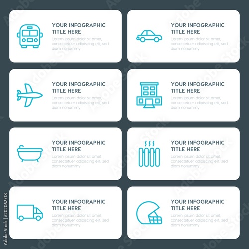 Flat transports, hotel, sports infographic timeline template for presentations, advertising, annual reports