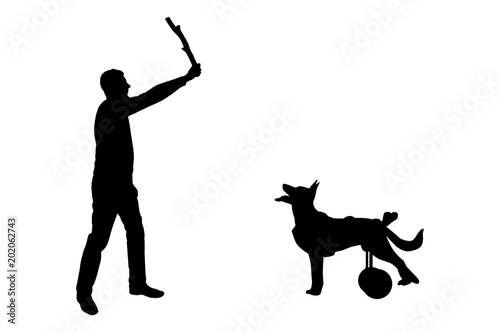 Silhouette vector Dog in a wheelchair waits for her master to throw her a stick