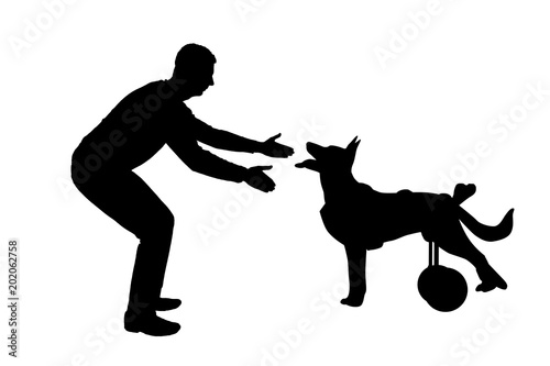 Silhouette vector Man calling for a paralyzed dog in a wheelchair
