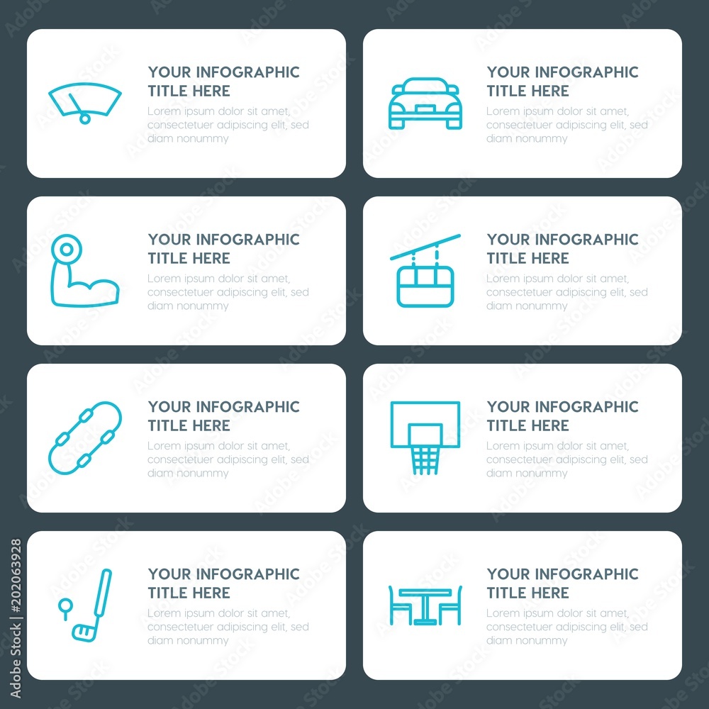 Fototapeta premium Flat transports, hotel, sports infographic timeline template for presentations, advertising, annual reports