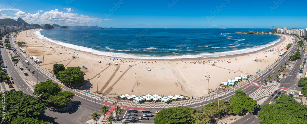 Wide Angle Panoramic View of Copacabana Beach in Rio de Janeiro, Brazil