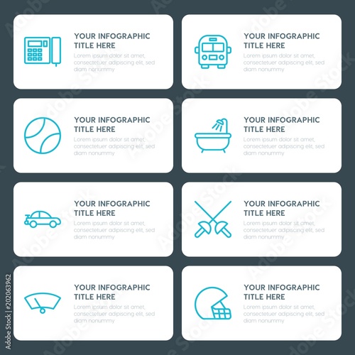 Flat transports, hotel, sports infographic timeline template for presentations, advertising, annual reports