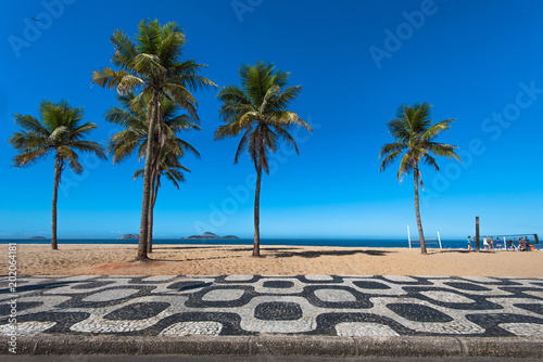 Famous Ipanema Mosaic Sidewalk With Palm Trees in the Beach, in Rio de Janeiro, Brazil