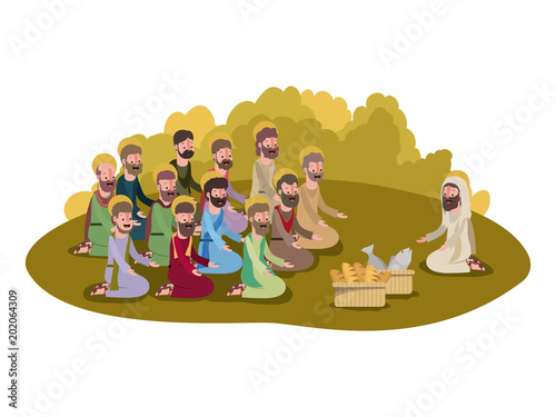 jesuschrist with apostles multiplication of bread and fish biblical scene vector