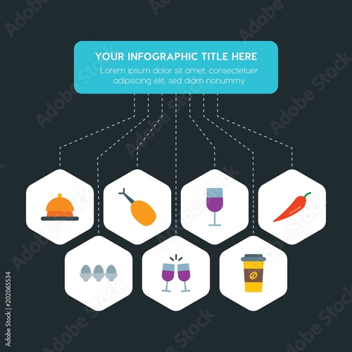 Flat geometric food, hotel, drinks infographic steps template with 7 options for presentations, advertising, annual reports