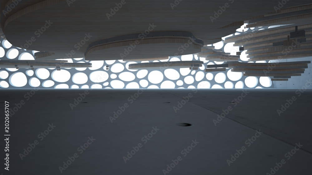 Fototapeta premium Streszczenie betonu i drewna parametryczne wnętrze z oknem. Ilustracja 3D i renderowania.