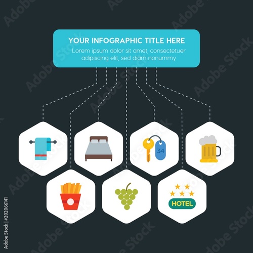Flat geometric food, hotel, drinks infographic steps template with 7 options for presentations, advertising, annual reports